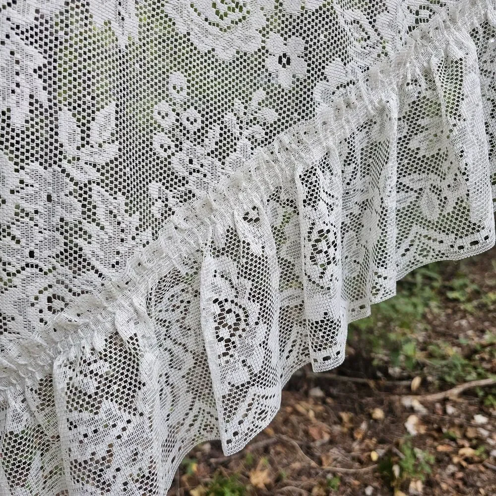 Vintage Light Gray Floral Lace Swag Curtains with Rose Pattern & Ruffle Trim